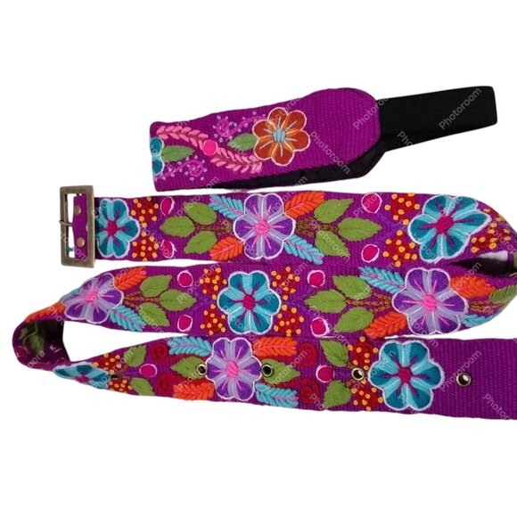 Peruvian Wool Woven Headband Belt Set Multicolor Floral Design - Picture 5 of 6